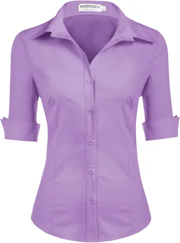 Vista 8 de HOTOUCH Camisa de manga 3/4 con botones para mujer, blusas de trabajo ajustadas, camisas de vestir de algodón, camisas de oficina