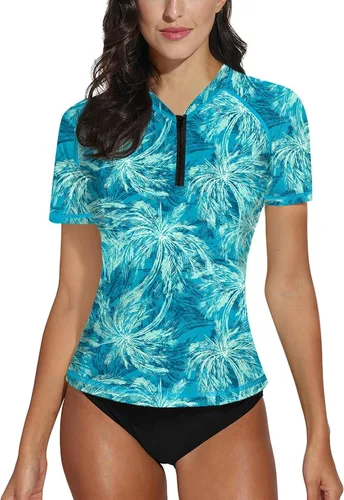 Vista 45 de BesserBay Camiseta de natación de manga corta con cremallera UPF 50+ para mujer, de secado rápido