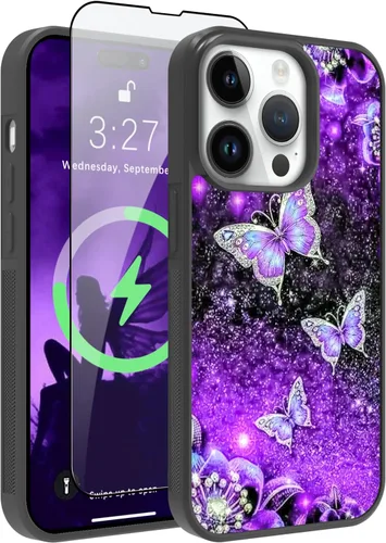 Vista 12 de OOK Diseños para iPhone 14 Pro Max Funda con Purpurina Mariposa Púrpura Diseño de Nebulosa Espacial PC Duro + TPU Suave Parachoques Antideslizante