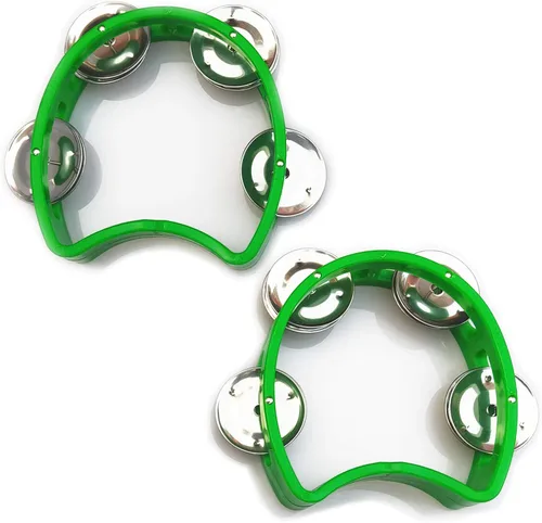 Vista 8 de Pandereta mini campana de mano de percusión instrumento musical pandereta pequeña (1 verde y 1 amarillo) Paquete de 2 (1 verde y 1 amarillo)