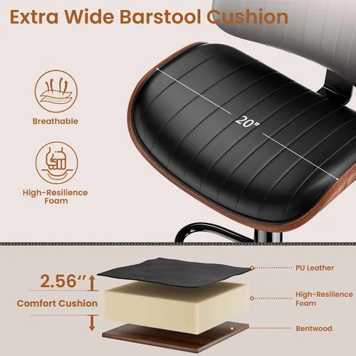 Vista 5 de YaFiti Taburetes de bar ajustables, modernas sillas giratorias de piel sintética con respaldo, taburetes de isla de cocina sin brazos, color negro