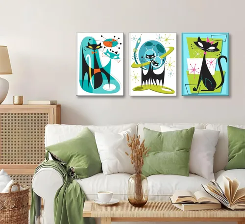 Vista 2 de 3 piezas de arte de pared enmarcado de gatos atómicos, conjunto de pinturas abstractas de futurismo retro de mediados de siglo, azul verde naranja