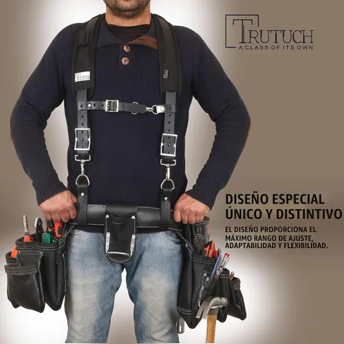 Vista 4 de Tirantes de trabajo de cuero con bolsillos Tirantes de cinturón de herramientas de cuero acolchado totalmente ajustables Negro