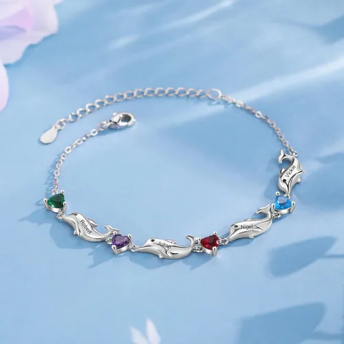 Vista 4 de LoraPetid Pulseras personalizadas para madre de delfín, pulseras de piedra natal de 2 a 6 nombres para mujer, pulseras de eslabones con dije