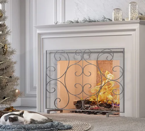 Vista 8 de Kingson Pantalla decorativa para chimenea de panel único independiente, cubierta artesanal de malla metálica duradera, protector contra chispas