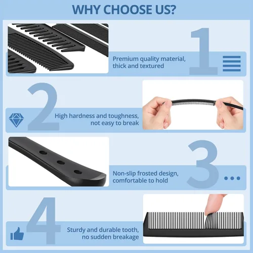 Vista 5 de Kolavia Juego de 6 peines para el cabello, color negro, duradero, ancho y fino, cola de rata, peine de peluquería para mujeres y hombres, peines