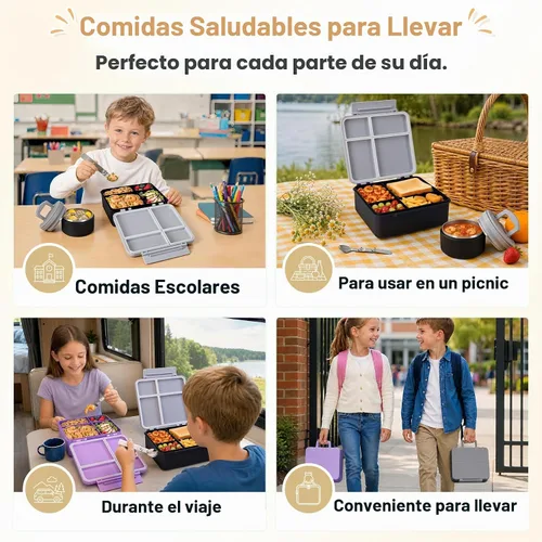 Vista 7 de Lonchera Bento para Niños con Termo para Sopa de 8oz, Contenedores de Comida para Almuerzo Impermeables para Niños con 4 Compartimentos, Tarro Negro