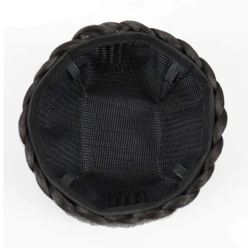 Vista 4 de Ronda trenzada superior moños, pieza de pelo con clip en chignon Donut Updo Scrunchie Extension para mujer, color negro