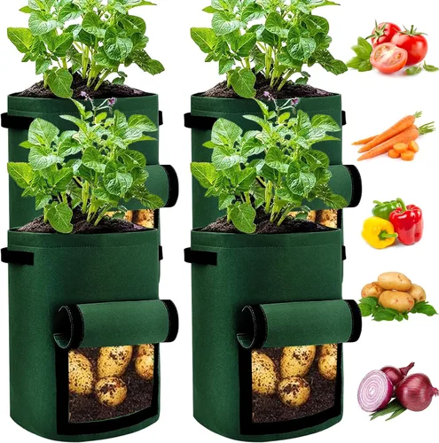 Vista 8 de JJGoo Juego de 2 bolsas de cultivo de patatas de 10 galones con solapa, bolsas de cultivo de tela resistentes con asa y ventana de cosecha, macetas