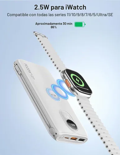 Vista 6 de Portable Charger 10000mAh 20W, Wall Plug, 2 Cables, iWatch Charging