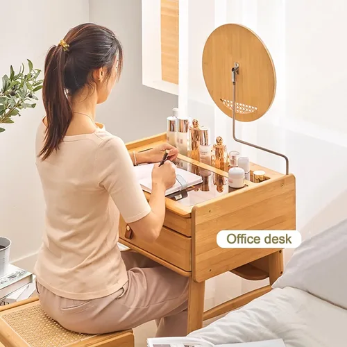 Vista 3 de Escritorio de maquillaje para dormitorio con espejo, tocador con 2 cajones, escritorio de tocador con silla de tocador, juego de tocador