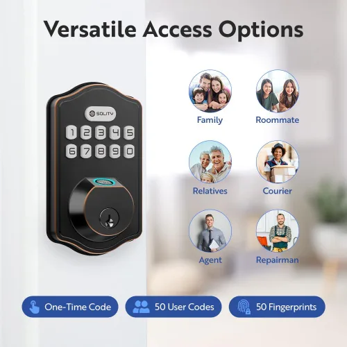 Vista 3 de Solity Cerradura electrónica inteligente digital para puerta, entrada sin llave, bloqueo automático, 50 códigos personalizados y huellas dactilares