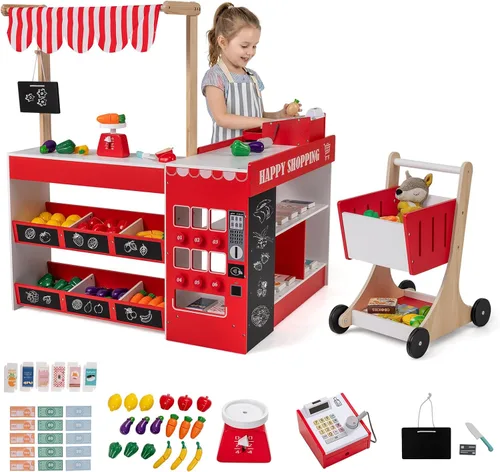 Vista 13 de Costzon Juego de simulación para tienda de comestibles, tienda de juegos de madera, juego de supermercado para niños pequeños con caja registradora