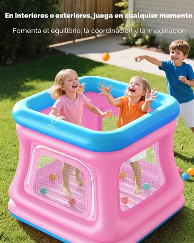 Vista 5 de QPAU - Casa inflable 3 en 1 con bomba para niños pequeños de 1 a 3 años Azul y rosa