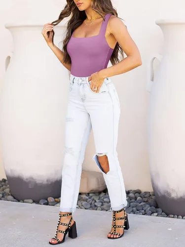 Vista 54 de Reoria - Camiseta sin mangas sexy tipo body con escote cuadrado para mujer, ropa para discoteca