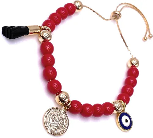 Vista 8 de Pulsera de cuentas de cristal rojo de San Benito con azabache auténtico y azul con protección contra el mal de ojo, M, Vidrio