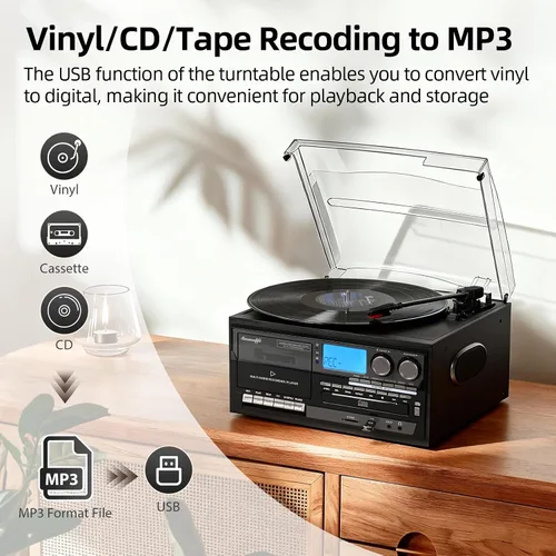 Vista 4 de Seasonlife® Tocadiscos de vinilo 10 en 1, tocadiscos vintage, madera retro Madera negra