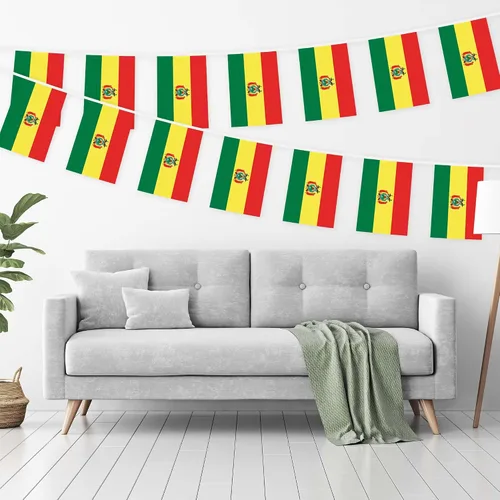 Vista 2 de G128 Bandera boliviana de Bolivia Bandera de 8.2 x 5.5 pulgadas, cuerda completa de 33 pies Poliéster 150D impreso, decoraciones para bar