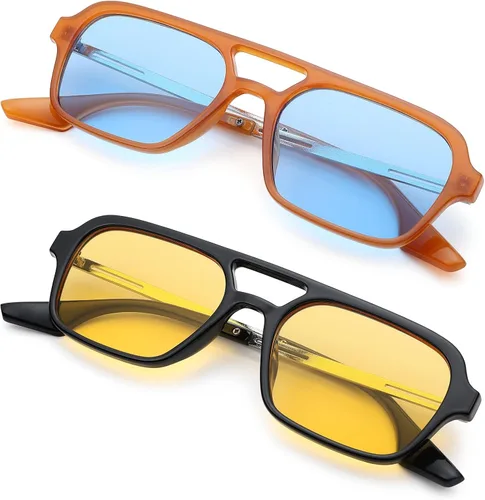 Vista 4 de Hycredi Gafas de sol planas retro de los años 70, gafas cuadradas vintage para mujeres y hombres, diseño de metal, protección UV