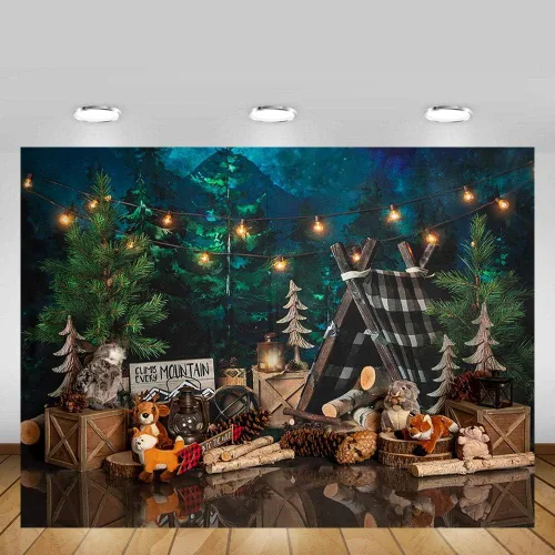 Vista 3 de MEHOFOTO - Telones de fondo para fiesta de primer cumpleaños de 7 x 5 pies, safari en la selva, para bebé, tienda de campaña para fotografía