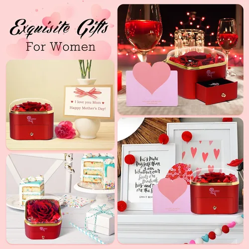 Vista 4 de Regalos para mamá de Preserved Real Rose, Collar con texto I Love You Mom en 100 idiomas, Día de la madre/cumpleaños, Regalos para el día de la Azul