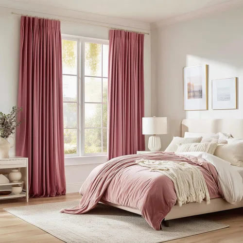 Vista 6 de 2 paneles de cortinas de terciopelo rosa polvoriento, de 96 pulgadas de largo, cortinas plisadas decorativas bohemias de lujo para dormitorio, sala