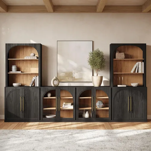 Vista 37 de BELLEZE Centro de entretenimiento modular de 4 piezas con almacenamiento, 2 vitrinas de madera moderna con gabinete arqueado y 2 armarios de puerta