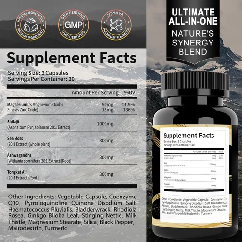 Vista 2 de Suplemento de Shilajit con Musgo Marino, Ashwagandha, Tongkat Ali - Cápsulas de Shilajit Puro del Himalaya de Ácido Fúlvico Orgánico - 90