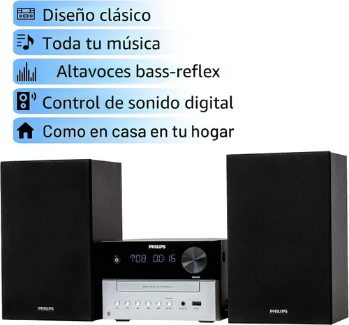 Vista 2 de Philips Sistema estéreo Bluetooth para el hogar con reproductor de CD para el hogar, transmisión inalámbrica, MP3, USB, entrada de audio, radio FM