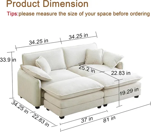 Vista 2 de Sofá modular de 81 pulgadas con 2 otomanas, sofá modular de 2 asientos, sofá seccional pequeño para sala de estar