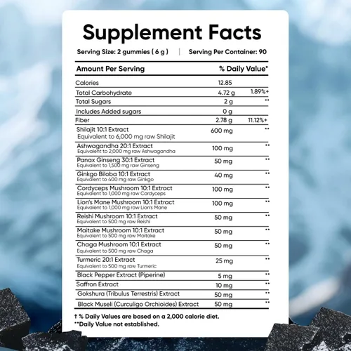 Vista 3 de Zemus Gomitas Shilajit puras del Himalaya I Lab Probadas I Mezcla sinérgica de Ashwagandha y complejo de 5 hongos Ácido fúlvico y 85+, minerales