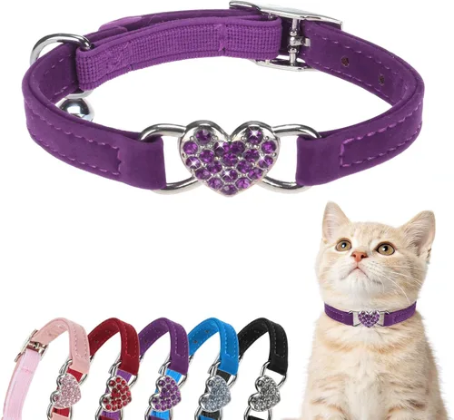 Vista 15 de BINGPET collar ajustable para gatos, de terciopelo suave, seguro, collares Bling diamante con cascabel, Adjustable, Negro Negro