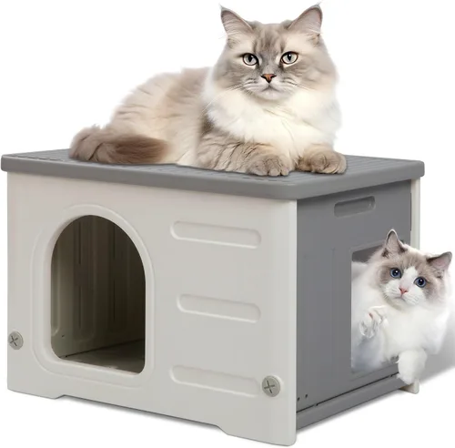 Vista 10 de Casa de plástico para gatos al aire libre e interior, casas impermeables para gatos con puerta de escape, casa resistente para gatos al aire libre