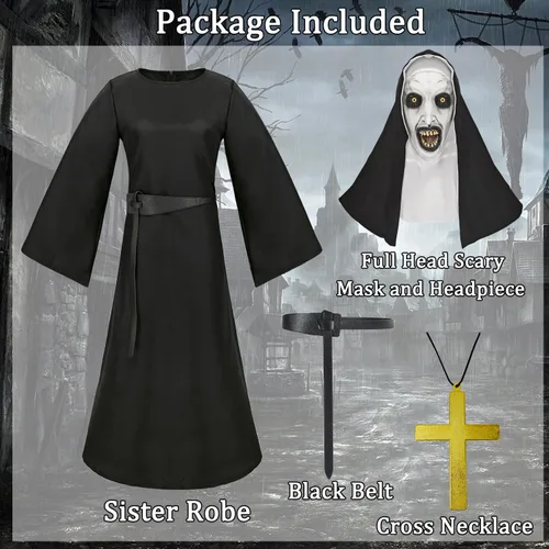 Vista 2 de DIYLN Disfraz de monja de Halloween para mujer, película de miedo, religiosa, medieval, traje de cosplay con accesorios