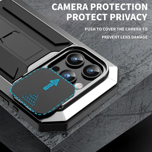 Vista 7 de FW - Funda de metal compatible con iPhone 15 Pro con cubierta deslizante para cámara deslizante, protector de pantalla integrado, funda híbrida