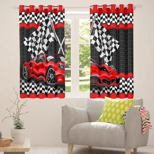 Vista 4 de Manfei Cortinas de ventana de coche de carreras para niños, tratamiento de ventana de coche deportivo rojo, cortinas de ventana de bandera a cuadros
