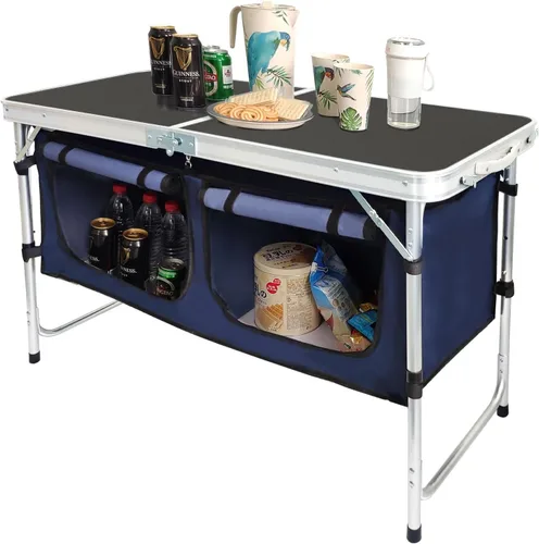 Vista 8 de CampLand - Mesa plegable de aluminio para exteriores, ligera, de altura ajustable con organizador de almacenamiento para barbacoa, fiesta, camping