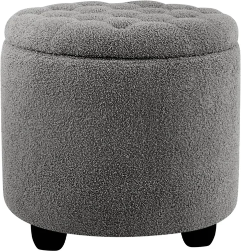 Vista 10 de Furniliving Moderno otomano redondo de almacenamiento, otomano tapizado con botones capitoné con tapa extraíble, taburete de almacenamiento