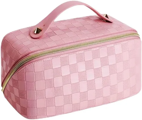 Vista 25 de Bolsas de maquillaje a cuadros de gran capacidad, bolsas de cosméticos portátiles de viaje, bolsa de aseo abierta y plana para mujeres y niñas