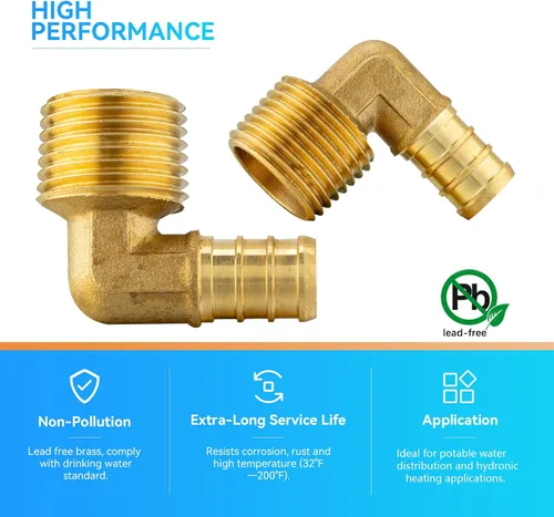 Vista 4 de Paquete de 10 accesorios PEX, Pex de 1/2 x 3/4 pulgadas, rosca macho NPT codo de latón con púas de codo, 1/2 pulgada F1807 codo macho para tuberías