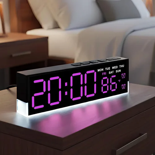 Vista 9 de JENLYSTIME Reloj despertador digital LED de 7 pulgadas con alarmas duales y luz inferior ｜ Muestra hora, fecha, día, temperatura ｜ Brillo
