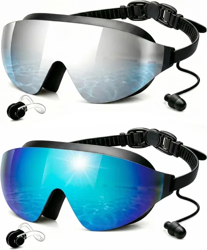 Vista 22 de Swim Goggles 2 Pack, Wide View Anti Fog&UV Swimming Goggles for Audlt, No Leak Pool Beach Essentials for Men Women Azul claro y rosa espejado
