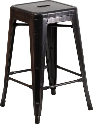 Vista 29 de Taburete de 24 pulgadas de alto para interior y exterior con asiento cuadrado., Metal, Negro