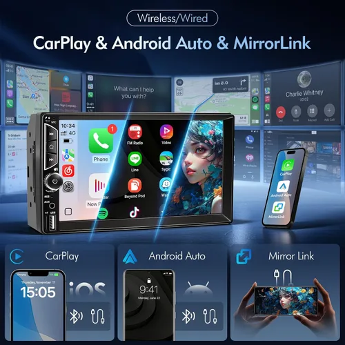 Vista 2 de Estéreo de Auto Doble DIN con Apple CarPlay Inalámbrico, Android Auto Inalámbrico, Pantalla Táctil HD de 7 Pulgadas, Radio de Coche con Bluetooth