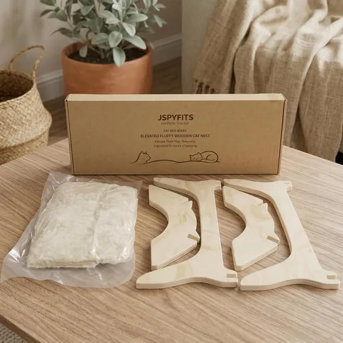 Vista 9 de JSPYFITS Hamaca elevada para gatos, cama ortopédica elevada para perros con cojín de felpa y lino de doble cara, muebles modernos para gatos