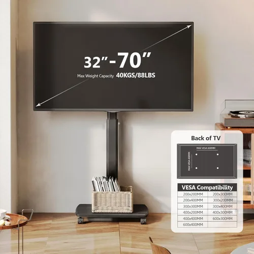 Vista 2 de FITUEYES Soporte de TV móvil para piso para televisores de 32 a 65 70 pulgadas, soporte de TV portátil alto con ruedas, carrito de TV móvil negro