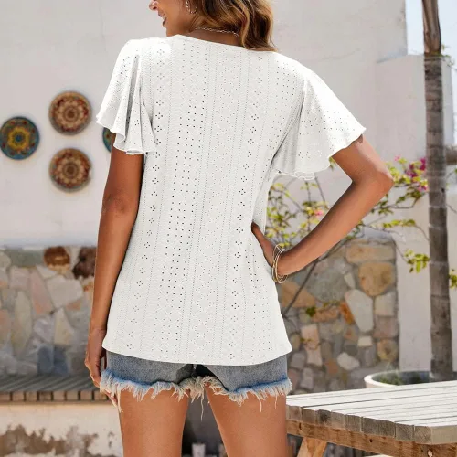 Vista 5 de Camisetas de verano para mujer, con mangas con volantes, cuello redondo, estilo casual