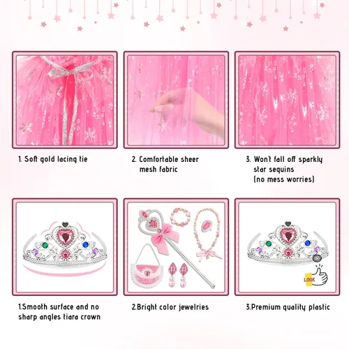 Vista 5 de kidzkube Ropa de princesa para niña, juego de capa de princesa con corona, vestidos de princesa para regalo de cumpleaños de niña