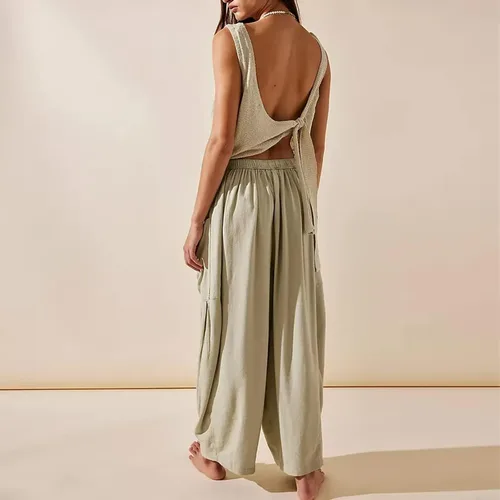 Vista 5 de Quinn - Pantalones de lino para mujer, talla grande, de pierna ancha, con bolsillos, holgados, hippie, harén, bohemios, para playa