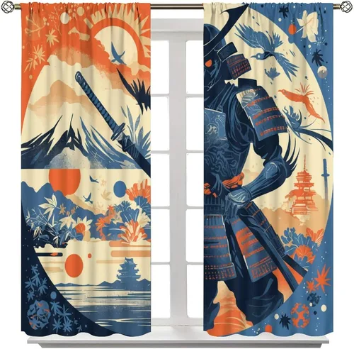 Vista 8 de Asian Japanese Samurai Blackout Curtains, Watercolor Floral Sun Mountain Art Style Window Drapes, for Kid Teens Boys Man Living Room Bedroom 42" W X